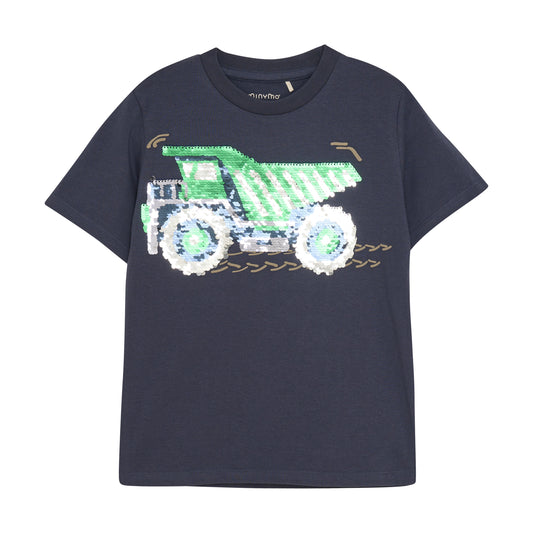 Dieses dunkelblaue T-Shirt von MINYMO begeistert mit einem witzigen Kipplaster aus Pailletten, der für einen verspielten Look sorgt.