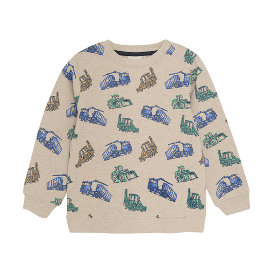 Das beige Sweatshirt von MINYMO zeigt fröhliche Baumaschinen und sorgt für einen verspielten Look mit viel Komfort.