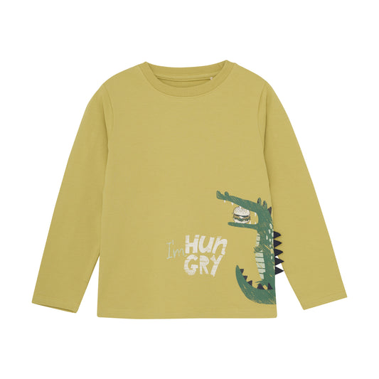Dieses gelbe T-Shirt von MINYMO besticht durch ein niedliches Krokodil-Motiv und sorgt für einen fröhlichen Look.