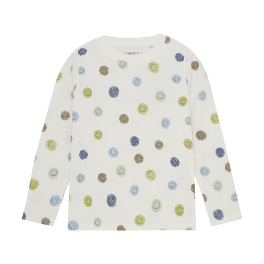 Dieses weiße T-Shirt von MINYMO ist mit fröhlichen Smileys verziert und bringt gute Laune in jeden Tag.