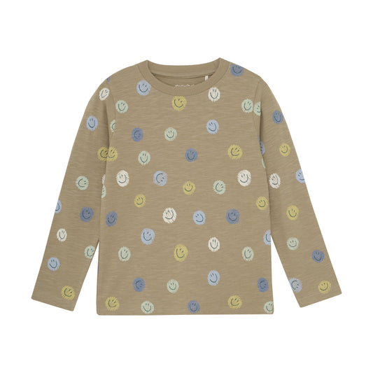 Dieses beige T-Shirt von MINYMO besticht durch ein fröhliches Smiley-Design und sorgt für gute Laune im Alltag.