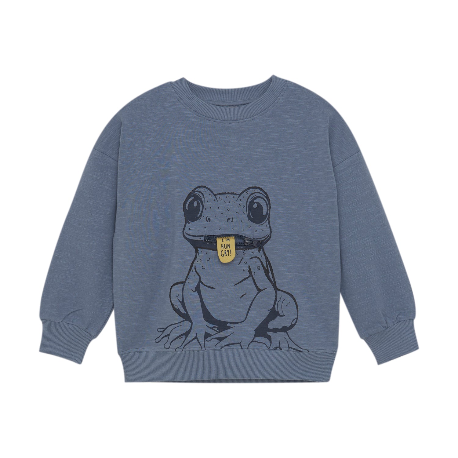 Dieses blaue Sweatshirt von MINYMO besticht durch ein niedliches Froschmotiv und sorgt für angenehmen Tragekomfort.