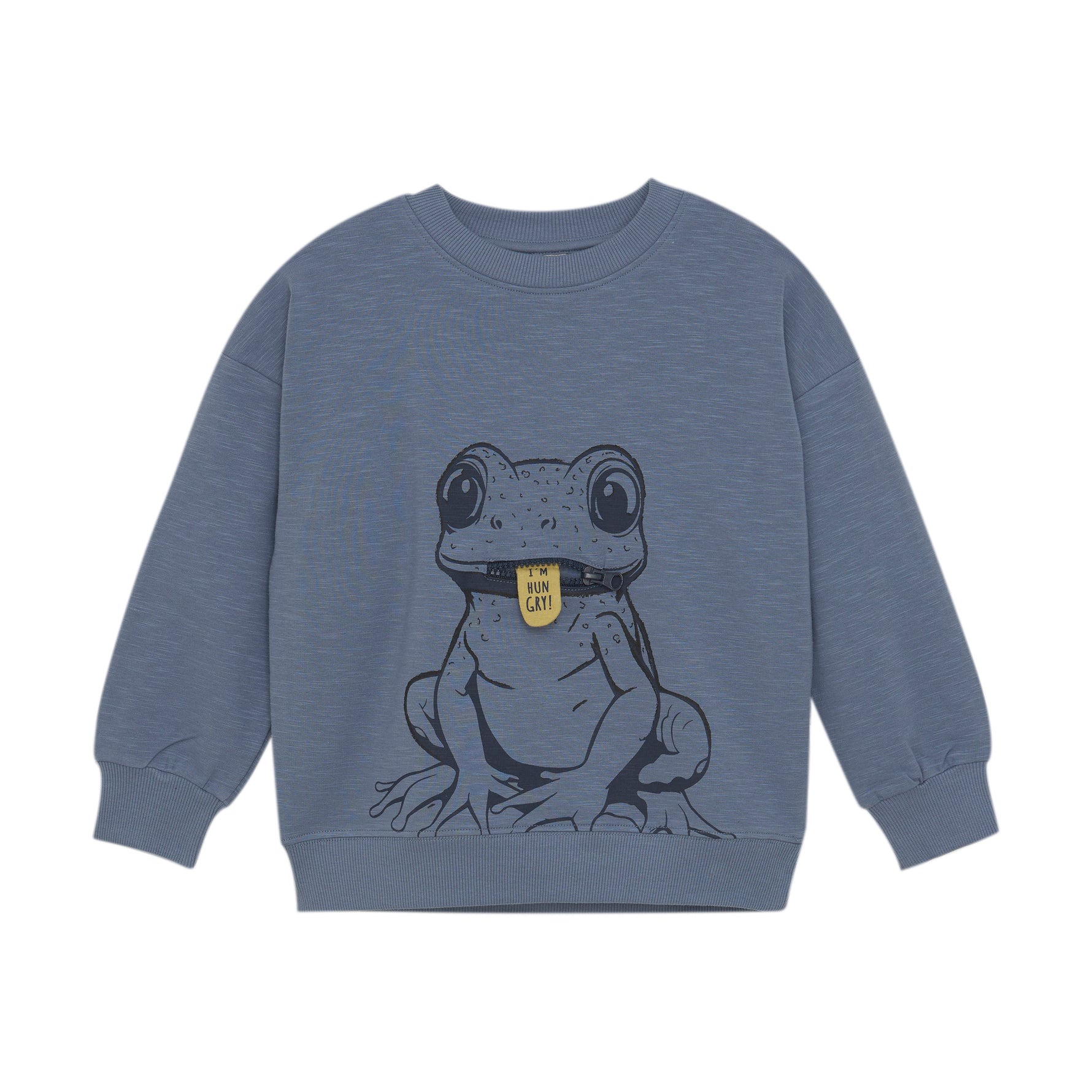 Dieses blaue Sweatshirt von MINYMO besticht durch ein niedliches Froschmotiv und sorgt für angenehmen Tragekomfort.