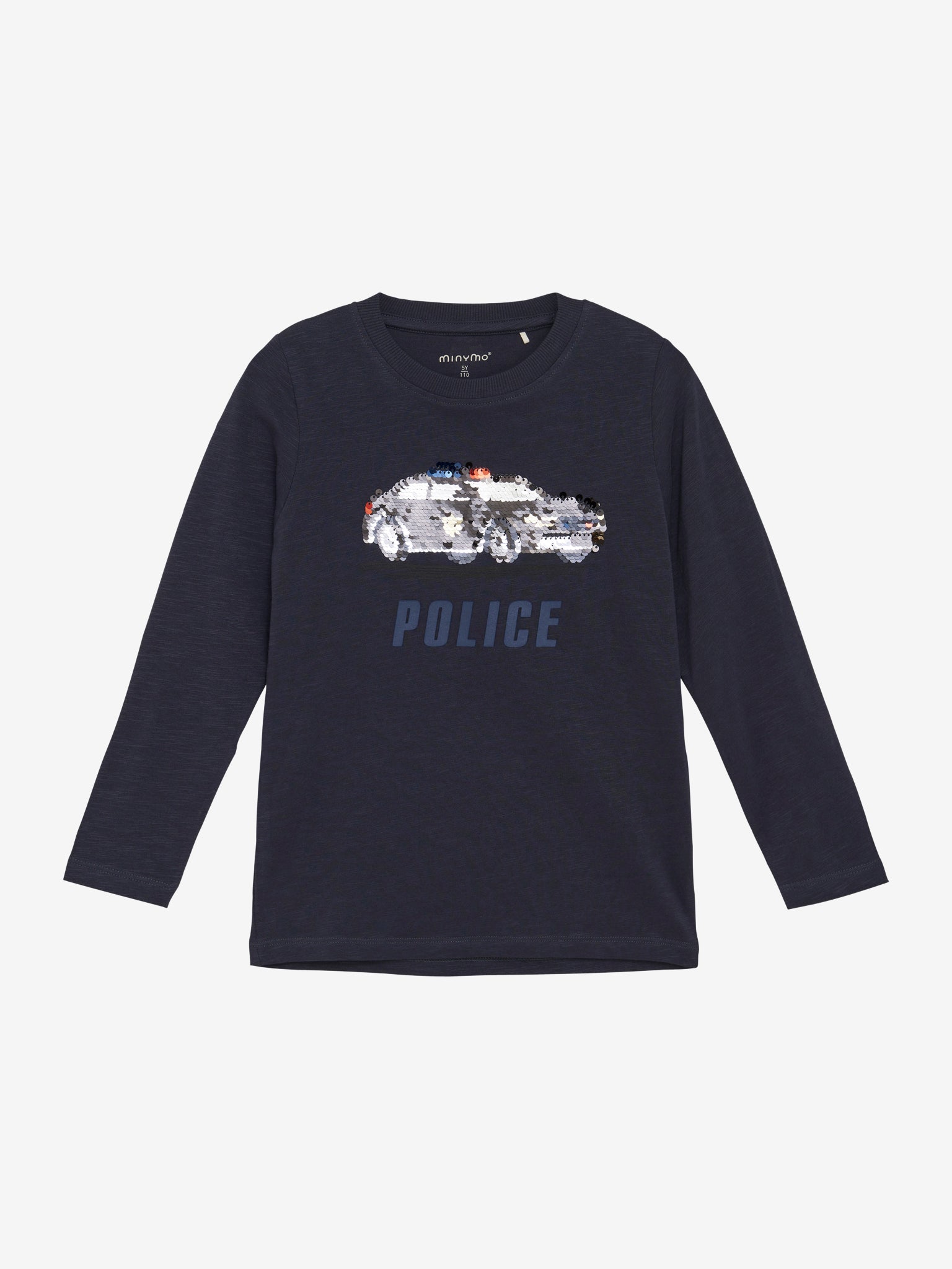 Dieses dunkelblaue Langarmshirt von MINYMO besticht durch ein funkelndes Paillettenmotiv in Form eines Polizeiautos und verleiht jedem Outfit einen einzigartigen Akzent.