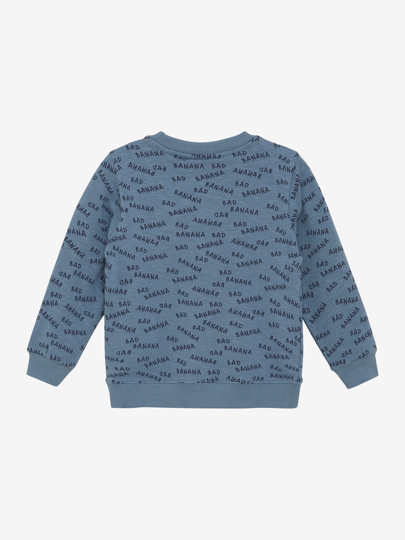 Dieses blaue Langarm-Sweatshirt von MINYMO besticht durch einen durchgehenden All-Over-Print mit dunkelblauen Schriftzügen und einem auffälligen Bananenmotiv – ein stylisches Must-have für jeden Tag.