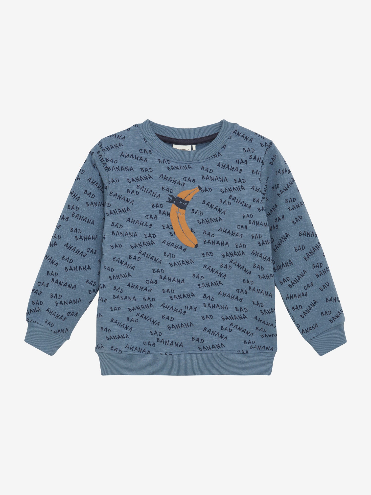 Dieses blaue Langarm-Sweatshirt von MINYMO besticht durch einen durchgehenden All-Over-Print mit dunkelblauen Schriftzügen und einem auffälligen Bananenmotiv – ein stylisches Must-have für jeden Tag.