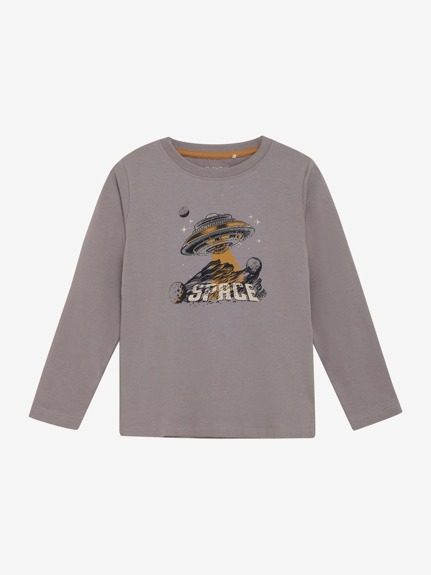 Dieses graue Langarmshirt von MINYMO besticht durch ein auffälliges UFO-Motiv und verbindet Komfort mit einem einzigartigen Design.