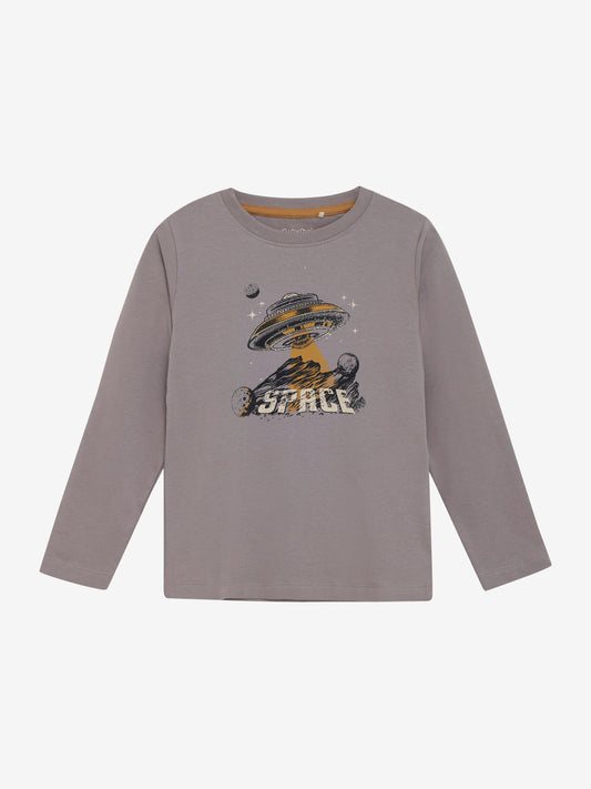 Dieses graue Langarmshirt von MINYMO besticht durch ein auffälliges UFO-Motiv und verbindet Komfort mit einem einzigartigen Design.