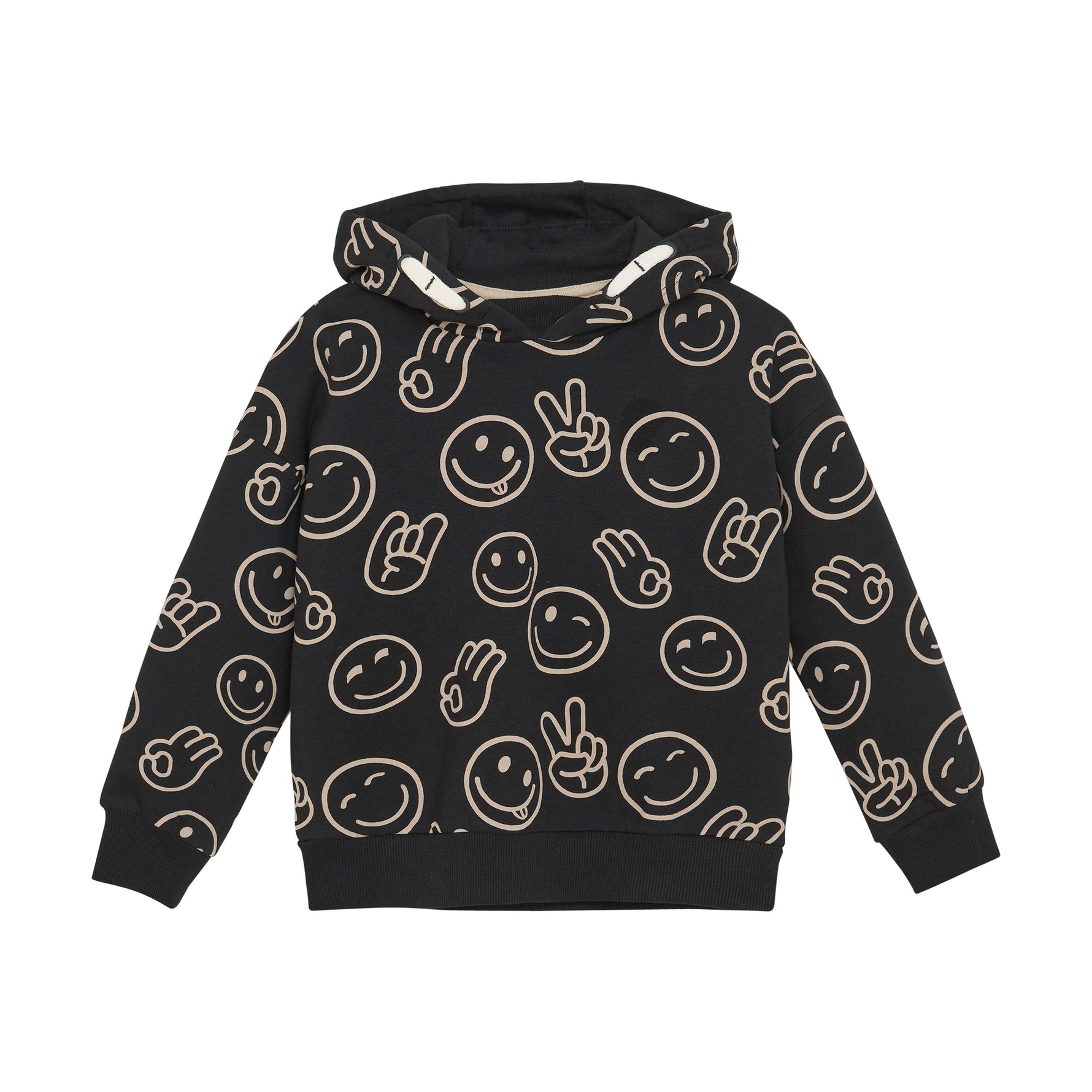 Dieses schwarze Sweatshirt mit Kapuze von MINYMO ist mit fröhlichen Smileys bedruckt und sorgt für gute Laune.