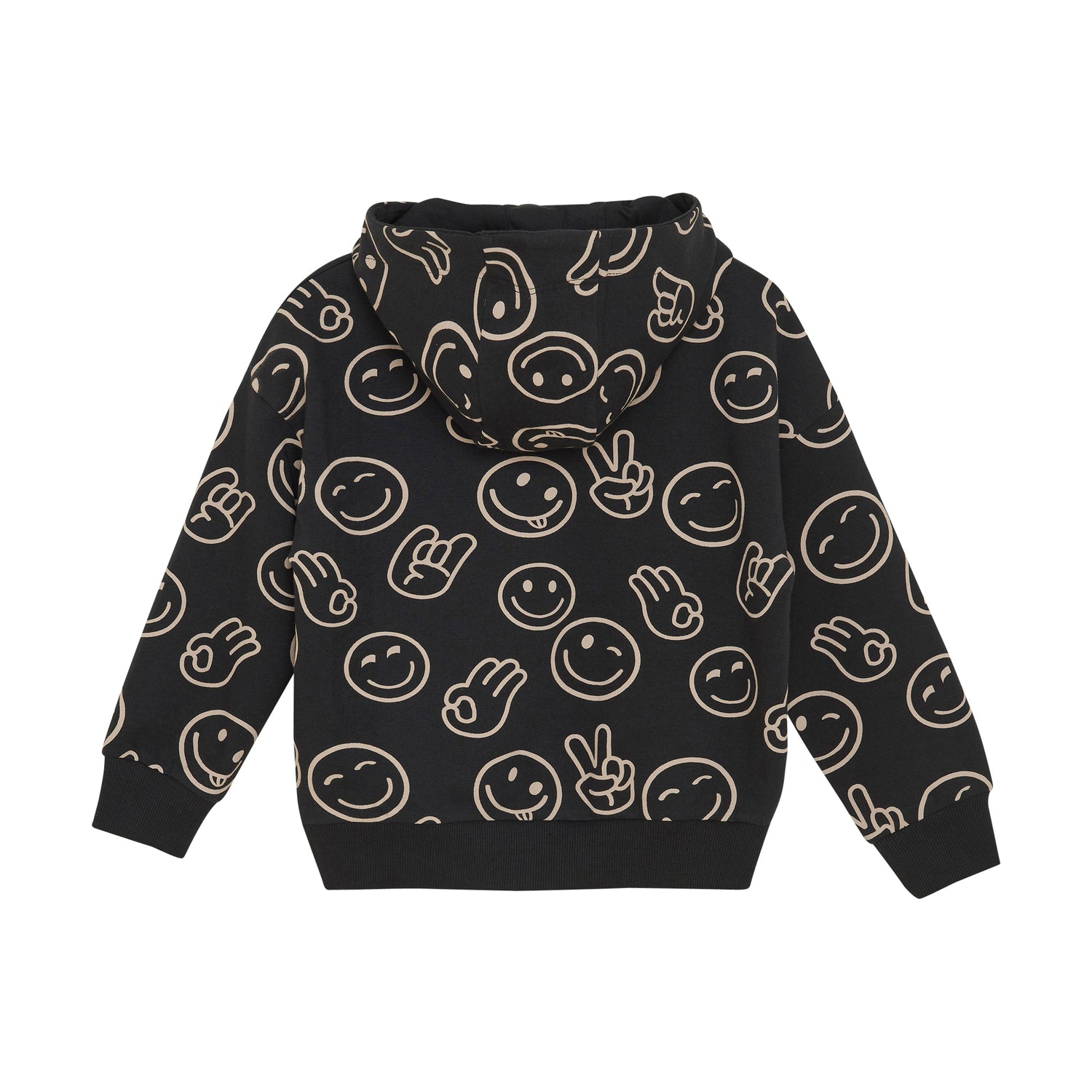 Dieses schwarze Sweatshirt mit Kapuze von MINYMO ist mit fröhlichen Smileys bedruckt und sorgt für gute Laune.