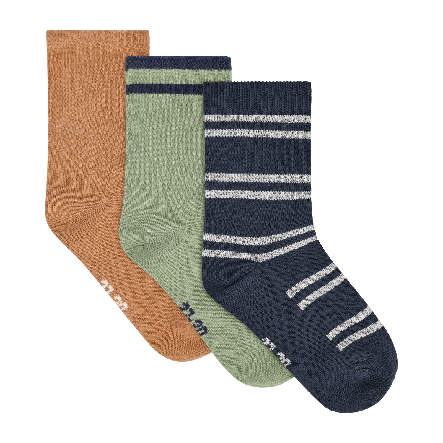 3er Pack Socken von MINYMO in verschiedenen Farben und Designs.
