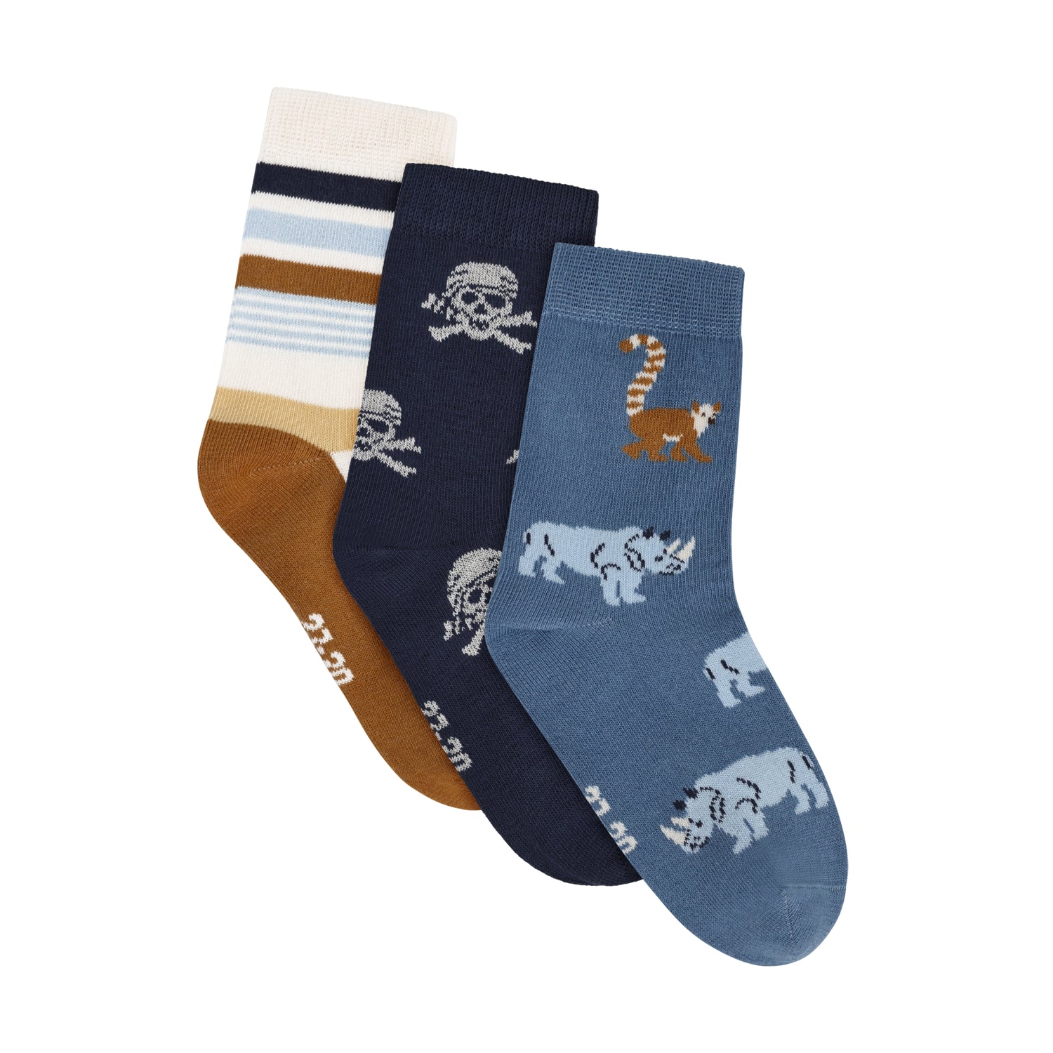 3er Pack Socken von MINYMO mit unterschiedlichen Designs und Farben.