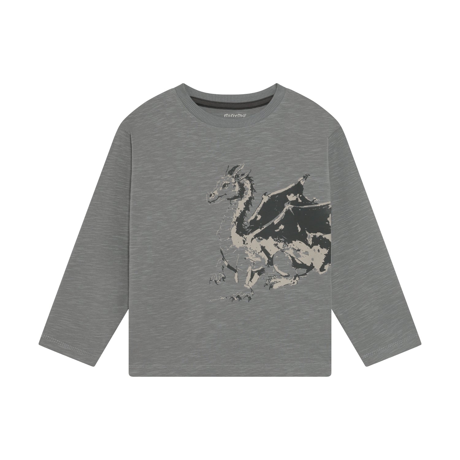 Hochwertiges Langarm-Shirt von Minymo in Grau mit charmanten Drachenmotiv – perfekt für kleine Abenteurer.