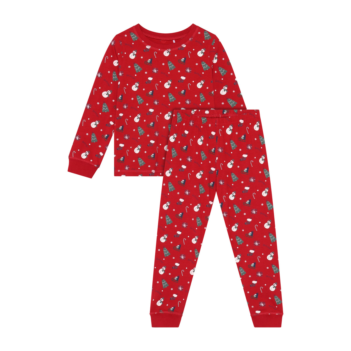 Gemütlicher roter Weihnachtspyjama von Minymo mit langen Ärmeln und Beinen – perfekt für festliche Nächte. Die hochwertige Mischung aus 90% Baumwolle, 5% Polyester und 5% Elastane sorgt für Komfort und Bewegungsfreiheit.