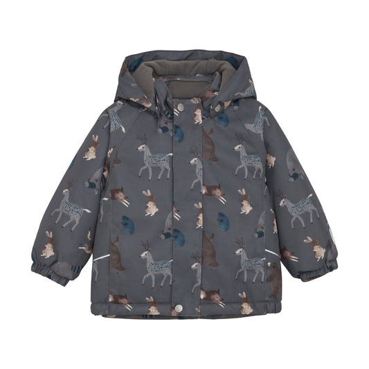 Diese Schneejacke von MINYMO besticht durch ihren durchgehenden Waldtier-Print und bietet optimalen Schutz bei kaltem Wetter.