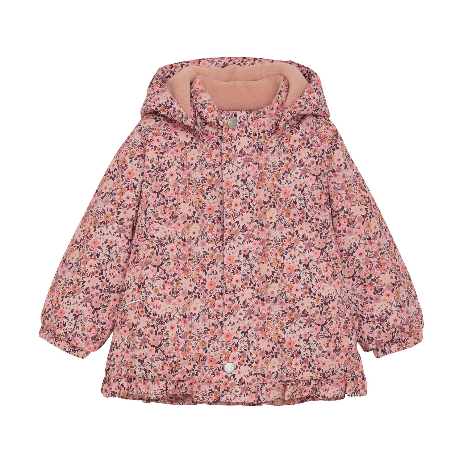 Diese rosa Schneejacke von MINYMO besticht durch ihren durchgehenden Blumenprint und bietet zuverlässigen Schutz bei kaltem Wetter.