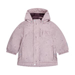 Elegante lila Winterjacke von Minymo mit verspieltem Leoparden-Muster und zarten Herzen-Details – perfekt für kalte Tage mit Stil.