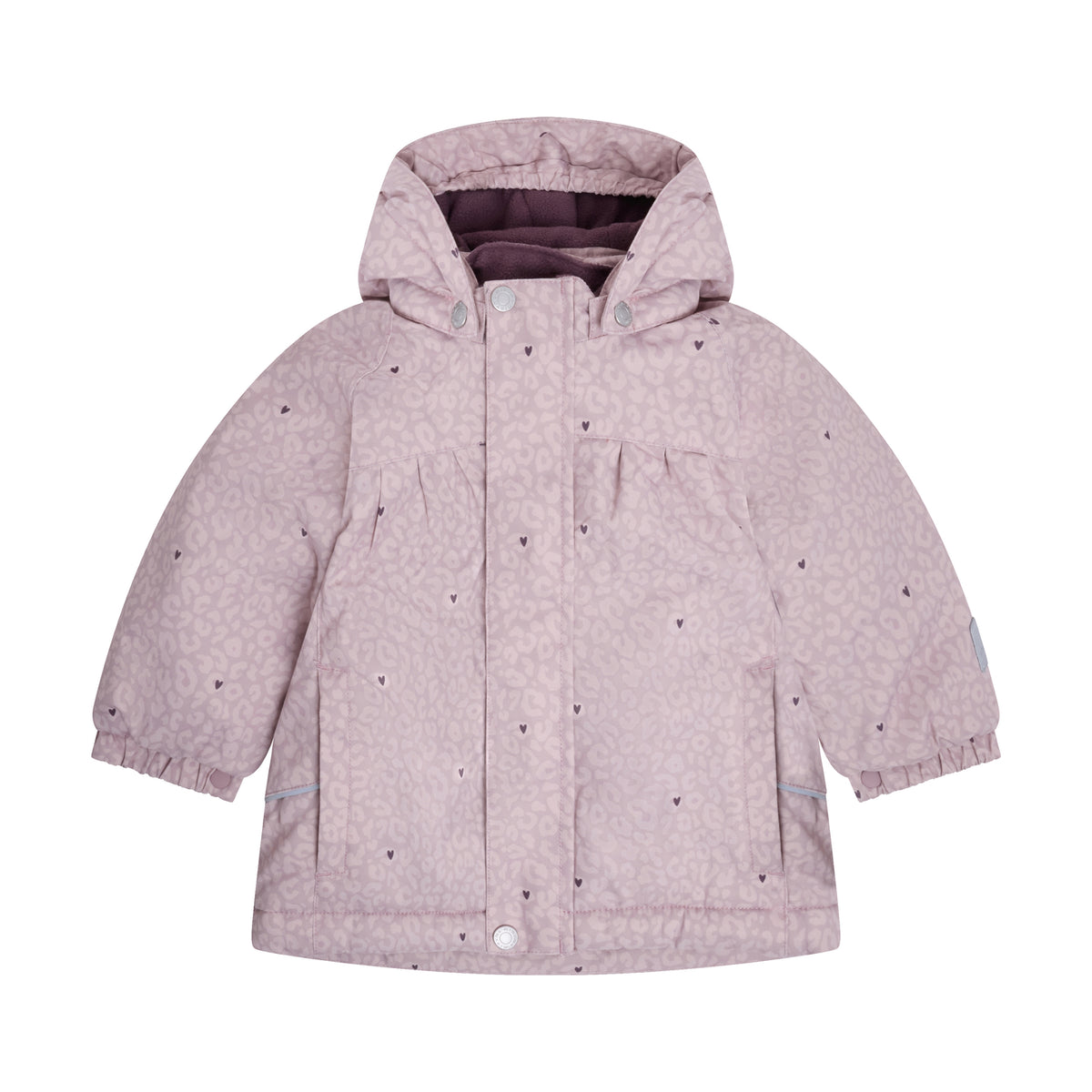 Elegante lila Winterjacke von Minymo mit verspieltem Leoparden-Muster und zarten Herzen-Details – perfekt für kalte Tage mit Stil.