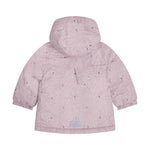 Elegante lila Winterjacke von Minymo mit verspieltem Leoparden-Muster und zarten Herzen-Details – perfekt für kalte Tage mit Stil.