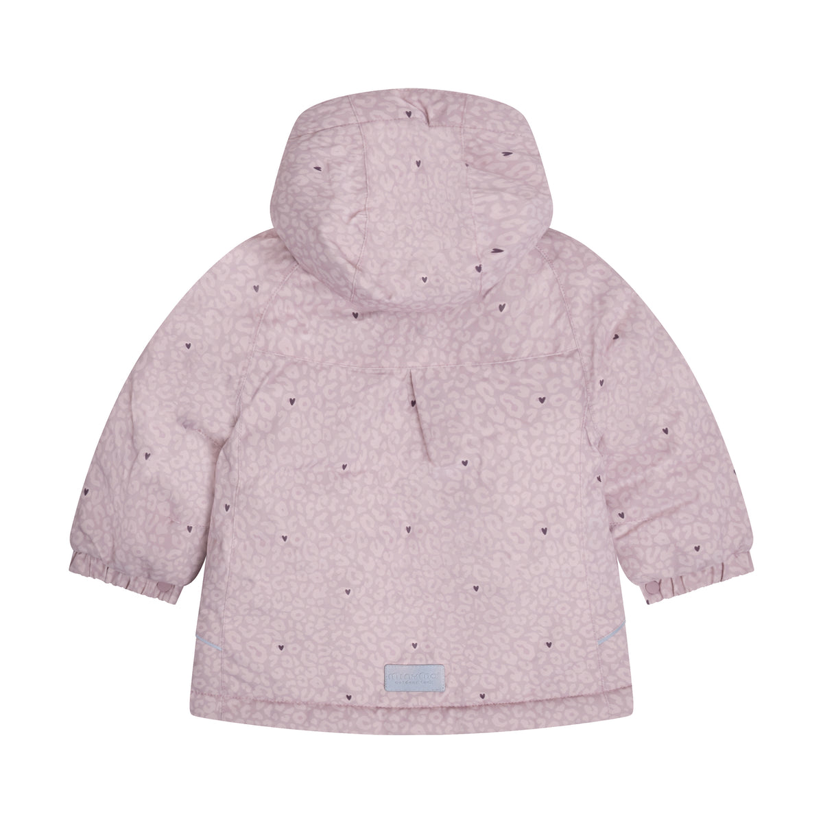 Elegante lila Winterjacke von Minymo mit verspieltem Leoparden-Muster und zarten Herzen-Details – perfekt für kalte Tage mit Stil.