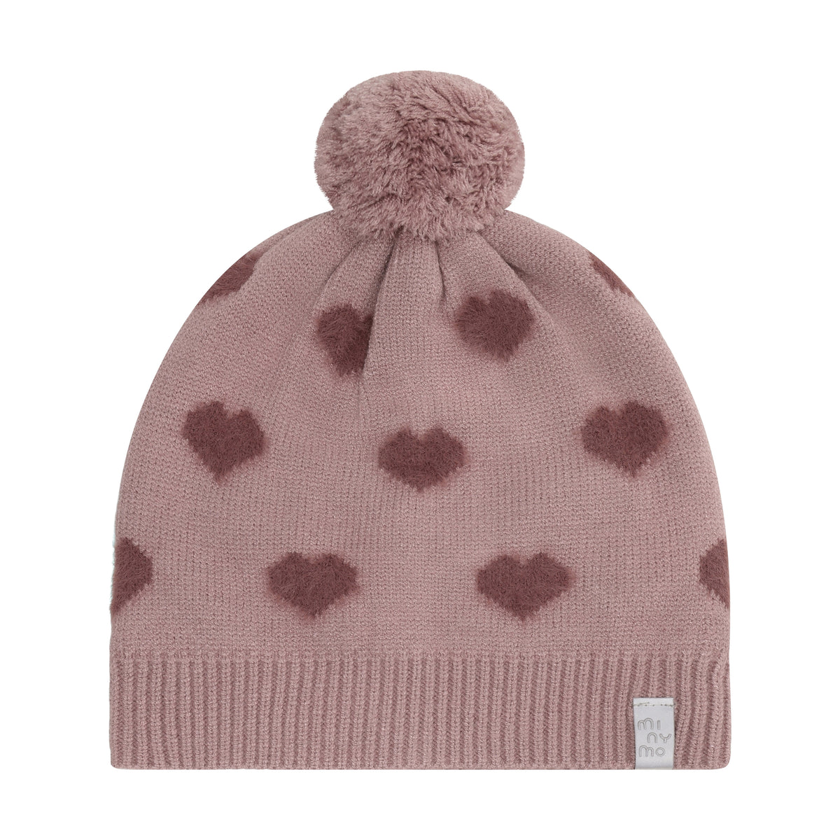 Weiche Teddy-Pile-Haube von Minymo in zartem Rosa mit niedlichem Herzmuster. Angenehm zu tragen und perfekt für kühle Tage. Aus hochwertiger Materialmischung: 52% Viscose, 28% Polyester und 20% Nylon für optimalen Komfort und Langlebigkeit.