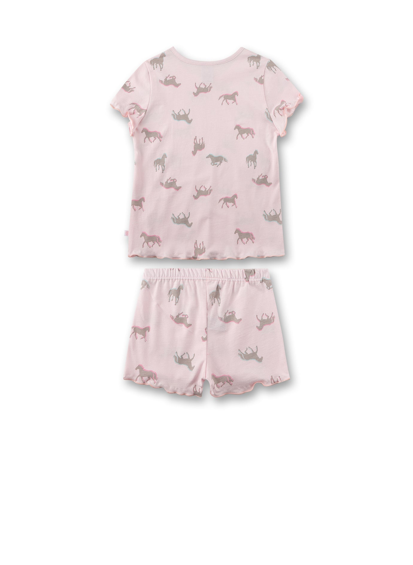 kurzer Mädchen-Schlafanzug von Sanetta mit einem Pferde Allover in einem schönen Rosa und mit verspielten Säumen