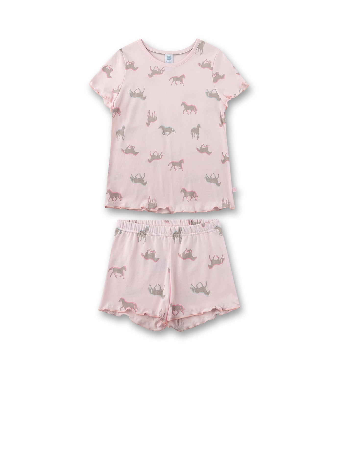 kurzer Mädchen-Schlafanzug von Sanetta mit einem Pferde Allover in einem schönen Rosa und mit verspielten Säumen