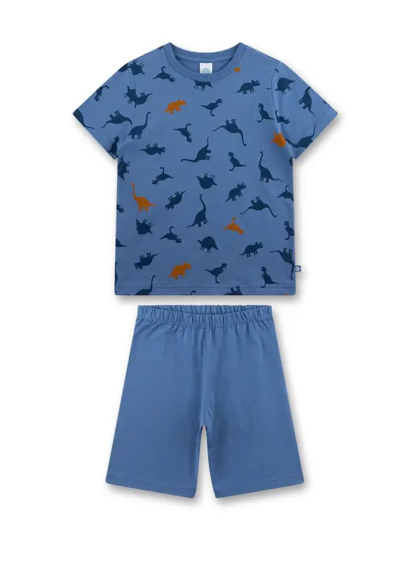 Dieser blaue Schlafanzug von Sanetta begeistert mit einem lustigen Dinosaurier-Motiv und sorgt für süße Träume.