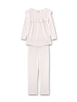 Dieser hellrosa, lange Mädchen-Schlafanzug von Sanetta begeistert mit einem hochwertigen Ajour-Muster, das durch kleine, regelmäßige Rauten in dunklem Rosa ergänzt wird. Das Schlaf-Oberteil mit langen Ärmeln ist mädchenhaft gestaltet: Gerüschte Schultern, zarte Rüschen und ein Abnäher auf Brusthöhe lassen es in eleganten Falten nach unten fallen. Die bequeme Schlafhose verfügt über einen elastischen Taillenbund und sorgt so für eine optimale Passform. Ein wunderschöner Schlafanzug für kleine Prinzessinnen, 