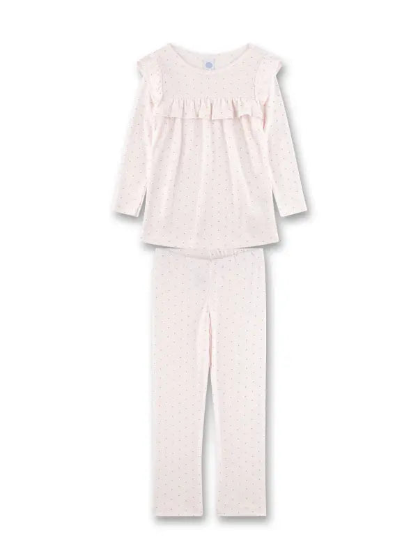 Dieser hellrosa, lange Mädchen-Schlafanzug von Sanetta begeistert mit einem hochwertigen Ajour-Muster, das durch kleine, regelmäßige Rauten in dunklem Rosa ergänzt wird. Das Schlaf-Oberteil mit langen Ärmeln ist mädchenhaft gestaltet: Gerüschte Schultern, zarte Rüschen und ein Abnäher auf Brusthöhe lassen es in eleganten Falten nach unten fallen. Die bequeme Schlafhose verfügt über einen elastischen Taillenbund und sorgt so für eine optimale Passform. Ein wunderschöner Schlafanzug für kleine Prinzessinnen, 