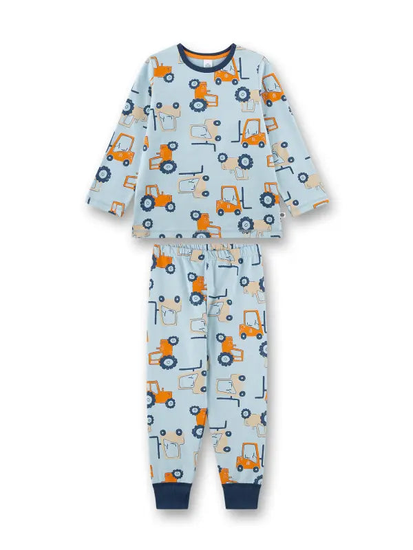 Dieser gelungene lange Jungen-Schlafanzug von Sanetta begeistert kleine Fahrzeugfans mit seinem coolen Allover-Print aus Traktoren und Gabelstaplern in verschiedenen Orangetönen und dunkelblauen Akzenten. Der Schlafanzug ist aus 100 % Baumwolle in angenehmer Single-Jersey-Qualität gefertigt und bietet ein weiches, natürliches Tragegefühl. Elastische Rippbündchen an Halsausschnitt, Armen und Beinen sorgen für maximalen Tragekomfort. Die bequeme Schlafhose mit elastischem Taillenbund garantiert eine optimale 