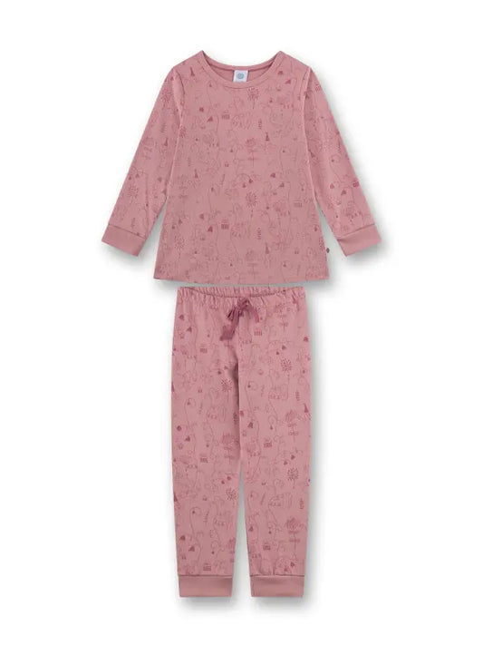 Dieser bezaubernde Mädchen-Schlafanzug von Sanetta aus 100 % GOTS-zertifizierter Bio-Baumwolle in Velours-Single-Qualität sorgt für gemütliche Wohlfühlmomente. Das Oberteil in dunklem Rosé ist mit einem fröhlichen Alloverprint aus Partymäusen, Blumen, Girlanden, Luftballons und Geschenken verziert. Die passende Hose im gleichen Look sitzt dank des bequemen Gummibunds besonders angenehm, wird von einer süßen Schleife liebevoll akzentuiert und verfügt über Beinabschlüsse. Ein Lieblingsstück, das Geborgenheit,