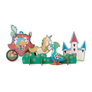 Kreiere eine fantasievolle Darstellung einer Prinzessin in ihrer Kutsche auf dem Weg zum Märchenschloss, indem du die Puzzleteile zusammenlegst