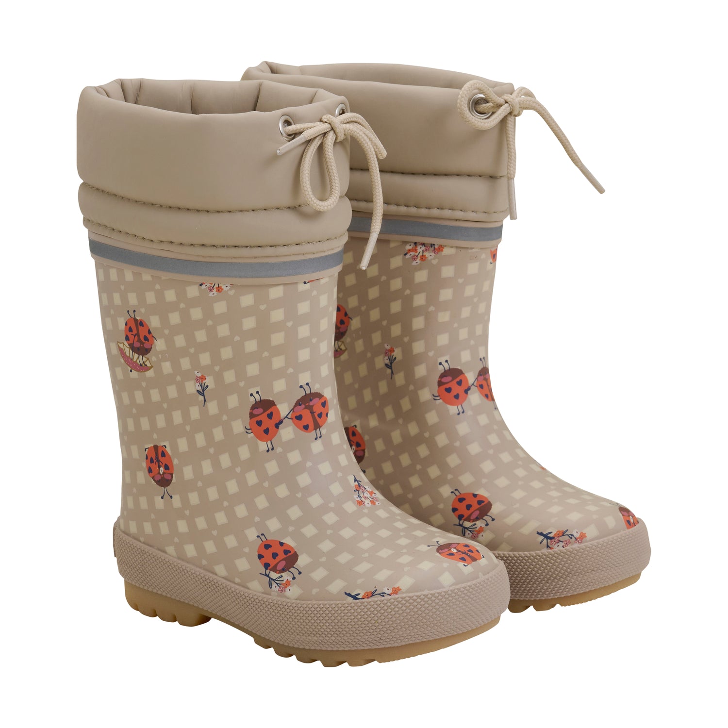 Die beigen Gummistiefel von Celavi, geschmückt mit niedlichen Marienkäfer-Details, garantieren modischen Schutz bei jedem Wetter. Die Wollfütterung sorgt für warme Füße, selbst an kalten Tagen.

