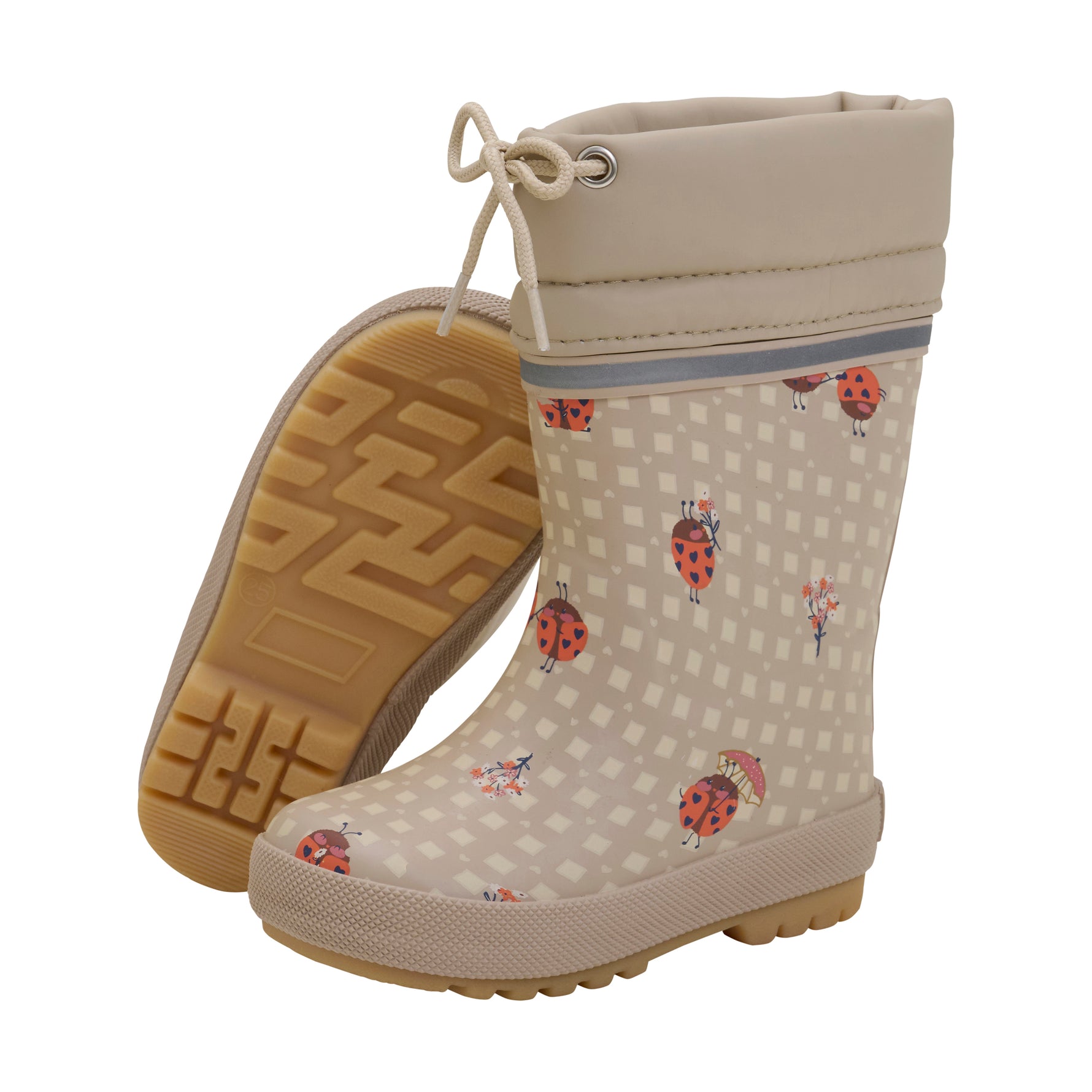 Die beigen Gummistiefel von Celavi, geschmückt mit niedlichen Marienkäfer-Details, garantieren modischen Schutz bei jedem Wetter. Die Wollfütterung sorgt für warme Füße, selbst an kalten Tagen.

