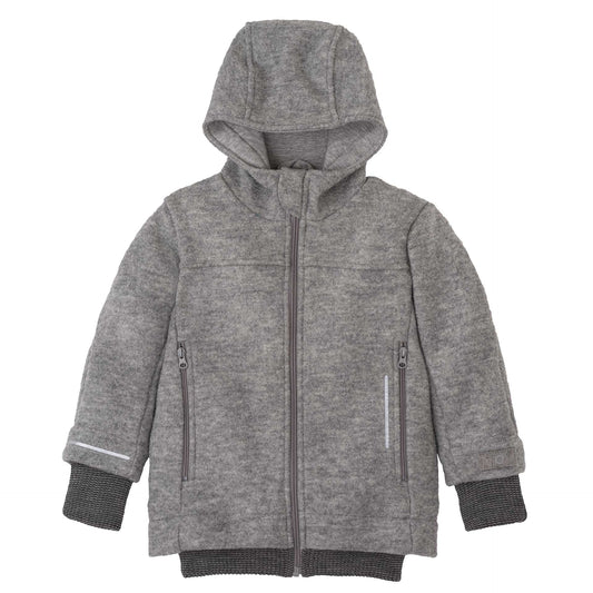 Diese graue Outdoor-Jacke aus hochwertiger Schurwolle von Disana bietet zuverlässigen Schutz und Komfort bei jedem Abenteuer im Freien.