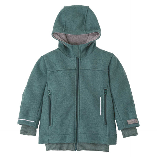Diese blau-grüne Outdoor-Jacke aus hochwertiger Schurwolle von Disana bietet zuverlässigen Schutz und Komfort bei jedem Abenteuer im Freien.