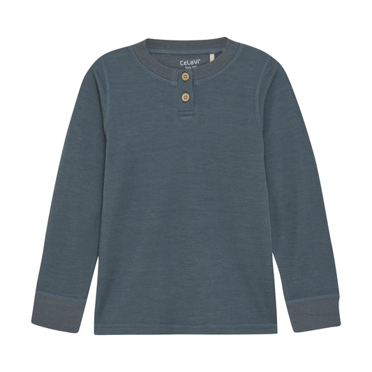 Dieses blaue Langarmshirt aus Wolle mit Knöpfen ist perfekt für Babys. Es ist angenehm zu tragen und hält Ihr Baby warm. Stilvoll und komfortabel für alle Gelegenheiten.