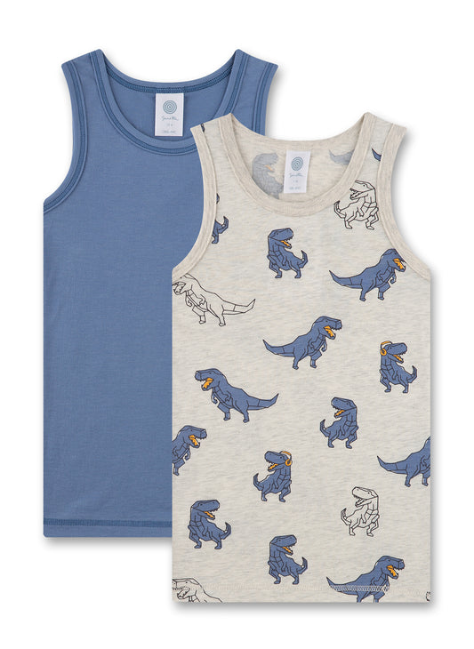 Jungen-Unterhemden von Sanetta im vorteilhaften Doppelpack im coolen Dino-Alloverprint und in Basic-Blau