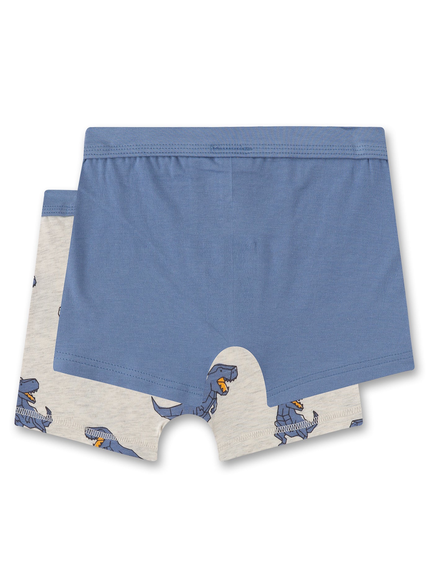Doppelpack bestehend aus zwei Hipshorts für Jungen in einem Dino-Alloverprint in Graumelange und Basic-Blau