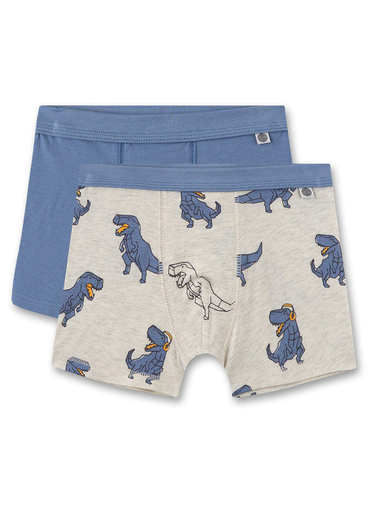 Doppelpack bestehend aus zwei Hipshorts für Jungen in einem Dino-Alloverprint in Graumelange und Basic-Blau