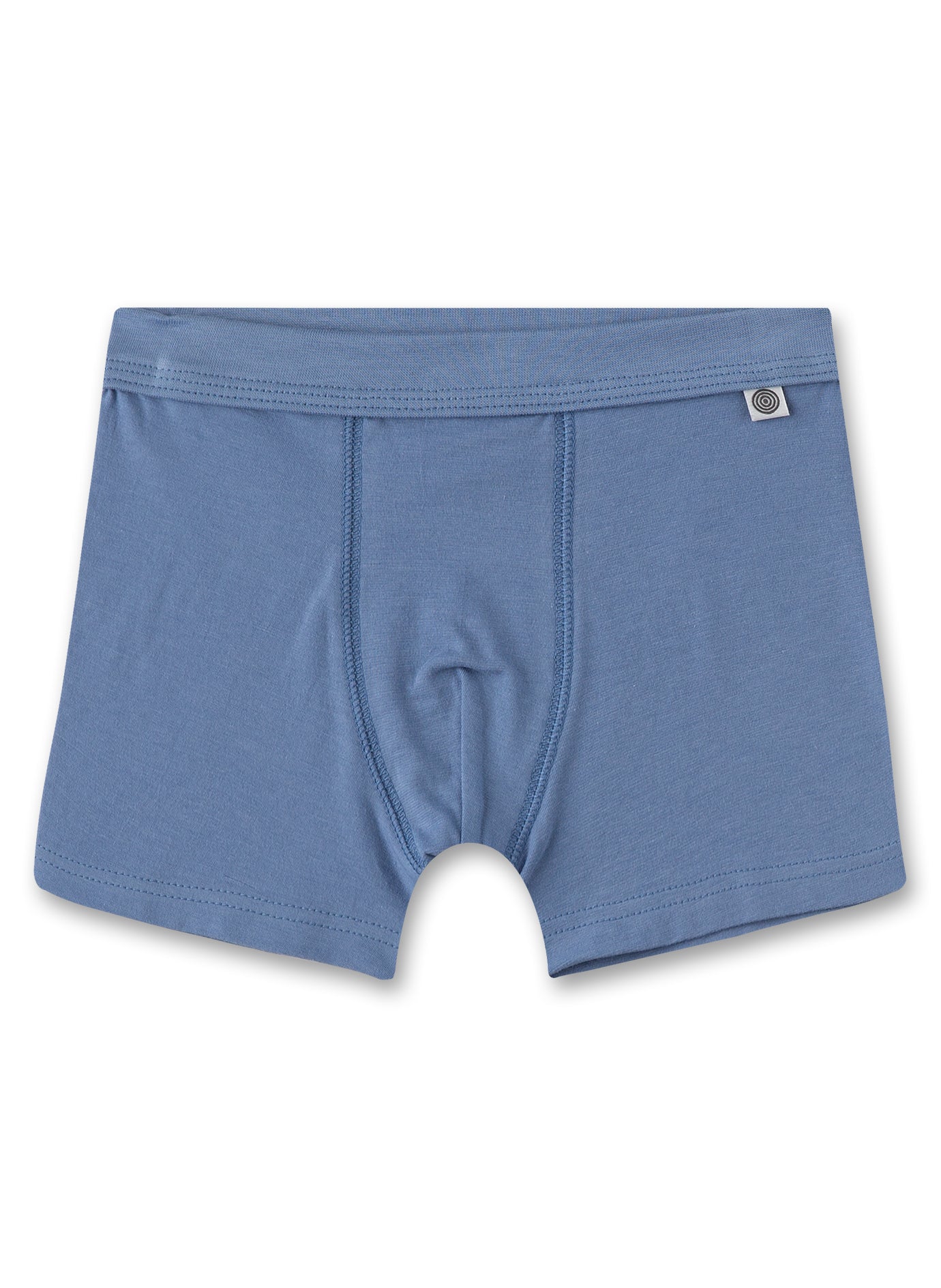Doppelpack bestehend aus zwei Hipshorts für Jungen in einem Dino-Alloverprint in Graumelange und Basic-Blau