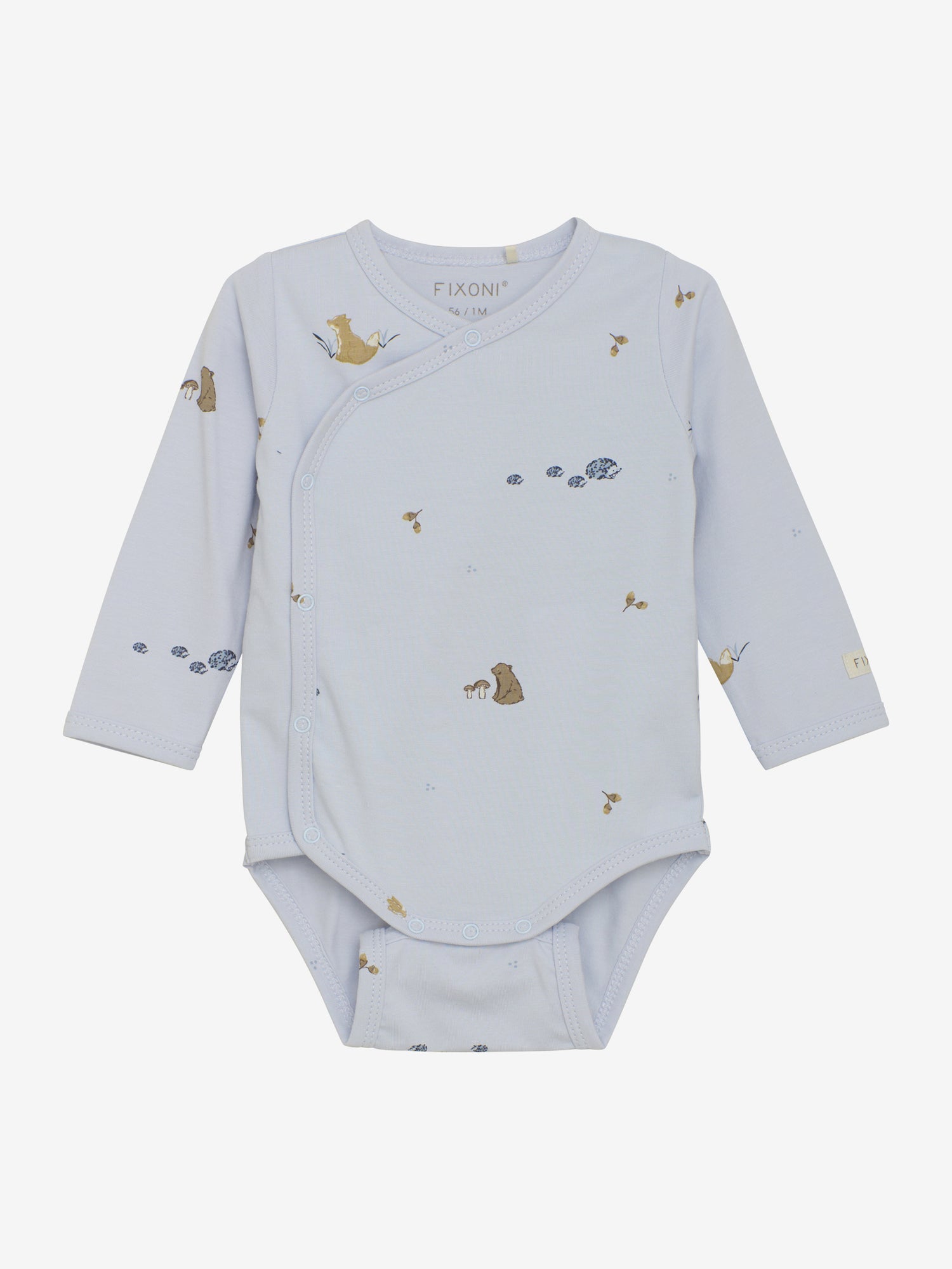 Der langärmlige Wickelbody von Fixoni in zartem Hellblau besticht durch kleine, zurückhaltende Tiermotive und verbindet elegantes Design mit angenehmem Tragekomfort.