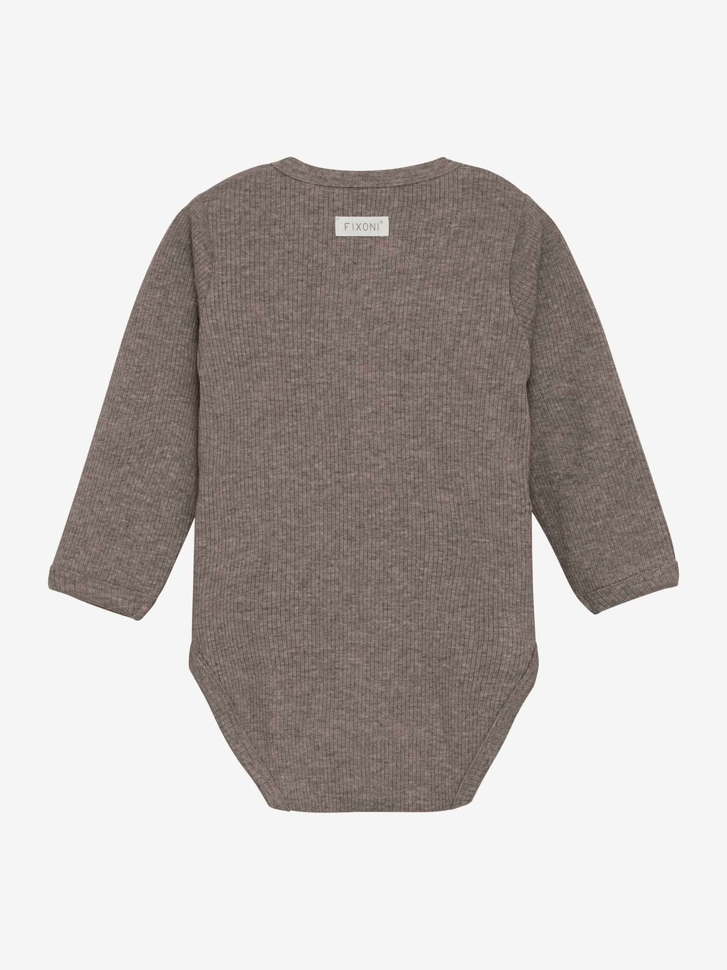 Dieser langärmlige Wickelbody von Fixoni besticht durch sein meliertes Braun und die feine Rippstruktur.