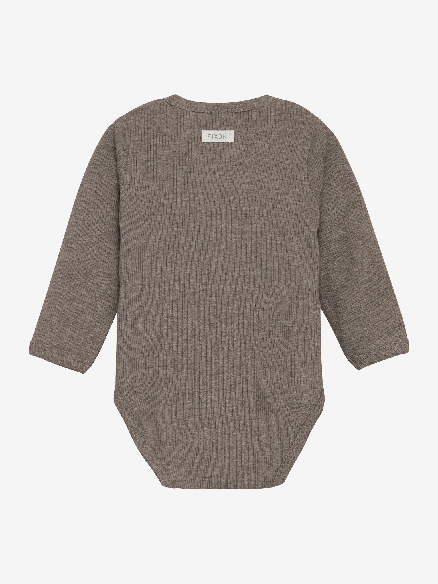 Dieser langärmlige Wickelbody von Fixoni besticht durch sein meliertes Braun und die feine Rippstruktur.