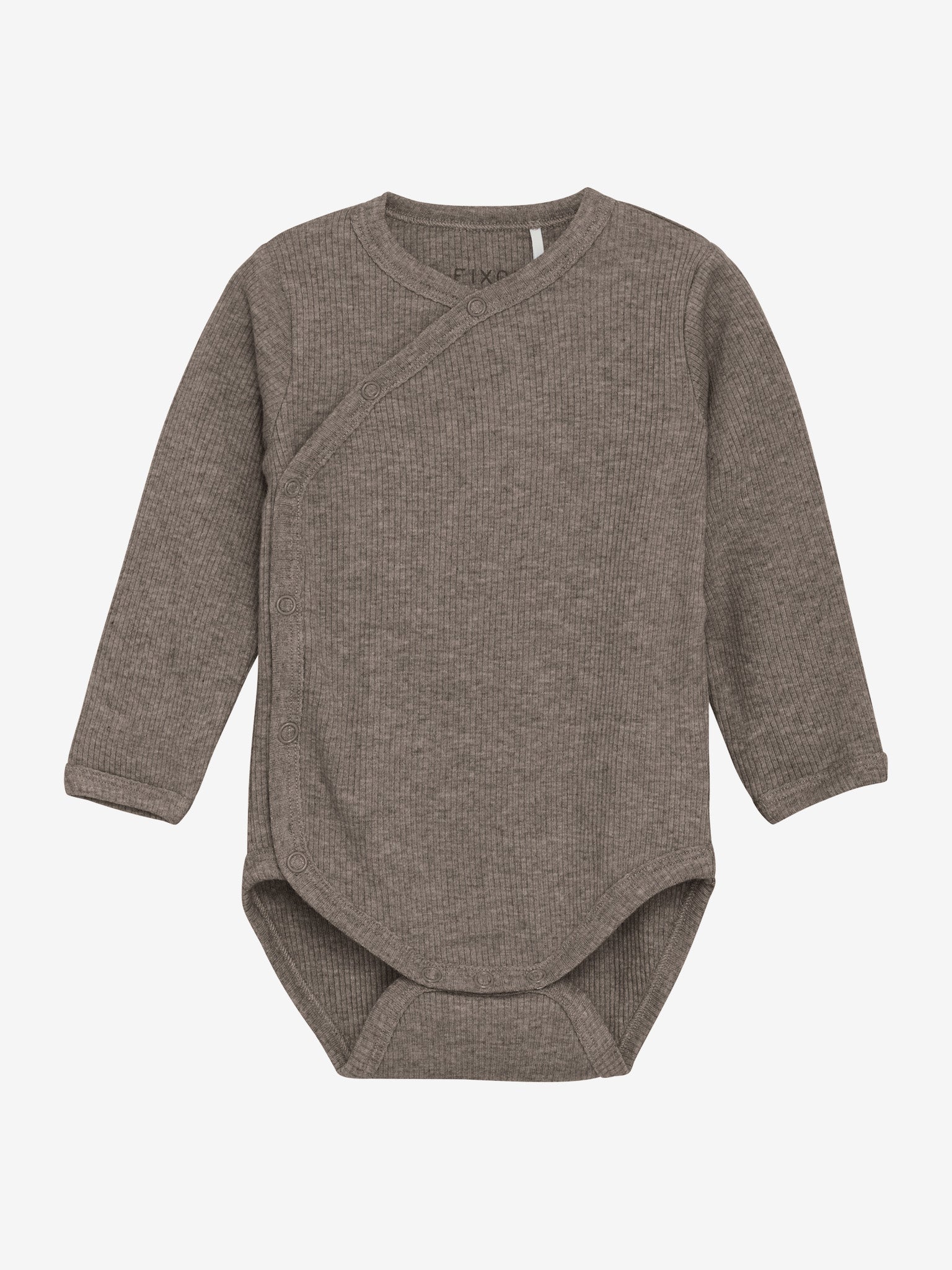 Dieser langärmlige Wickelbody von Fixoni besticht durch sein meliertes Braun und die feine Rippstruktur.