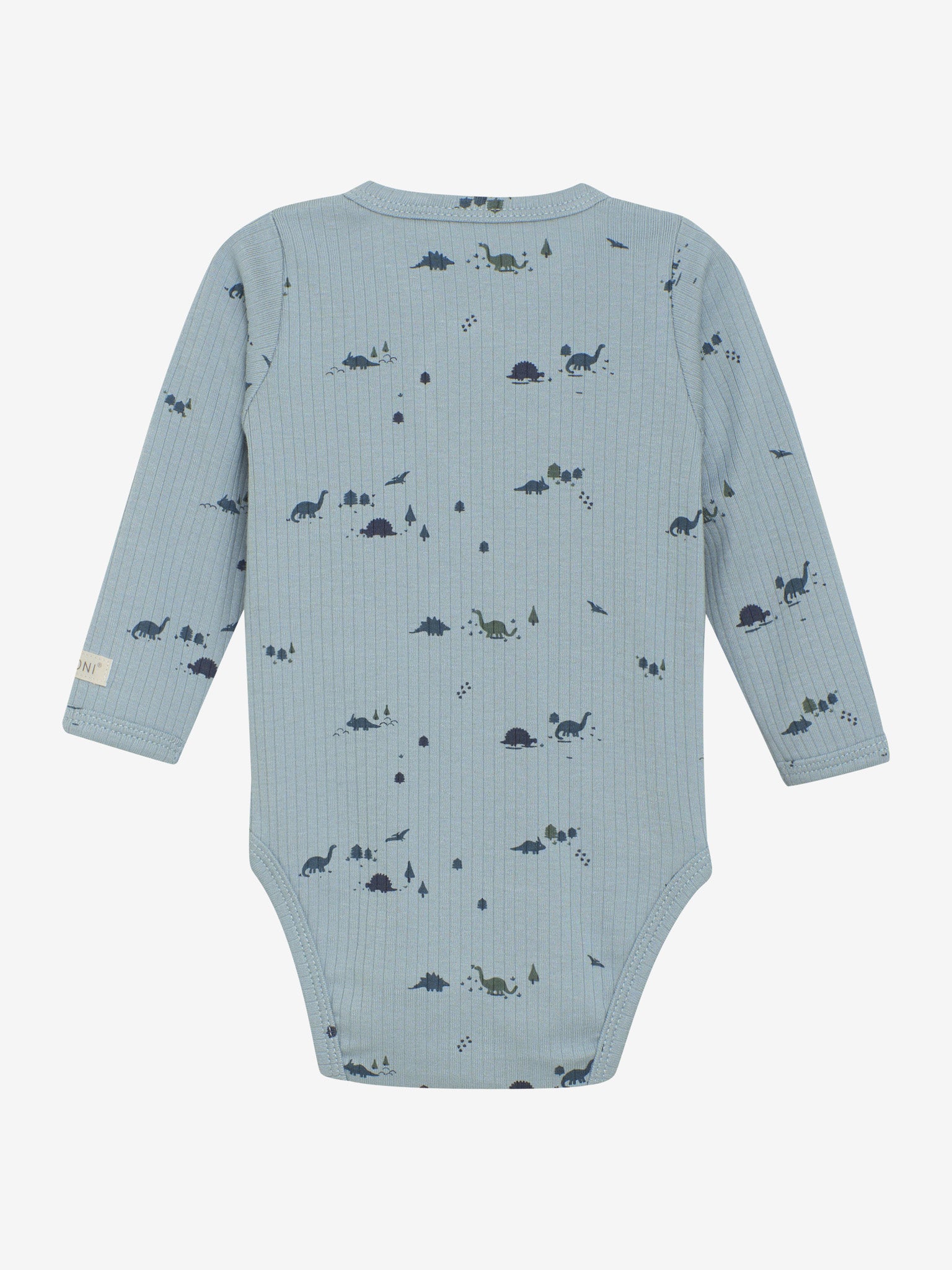 Der blaue Wickelbody aus Rippstrick von Fixoni ist mit feinen Dinosaurier-Motiven versehen und bietet eine hochwertige, bequeme Passform.