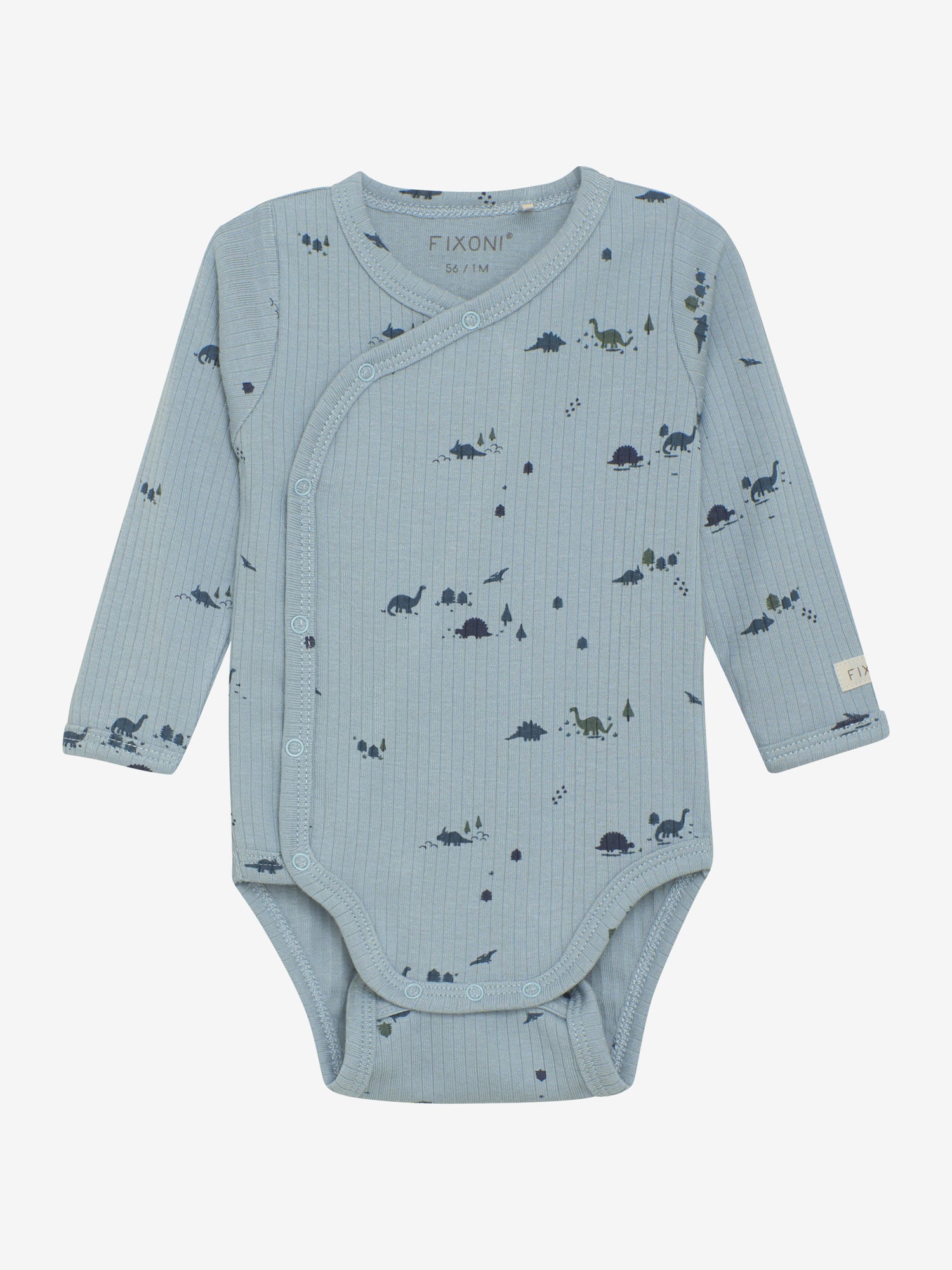 Der blaue Wickelbody aus Rippstrick von Fixoni ist mit feinen Dinosaurier-Motiven versehen und bietet eine hochwertige, bequeme Passform.