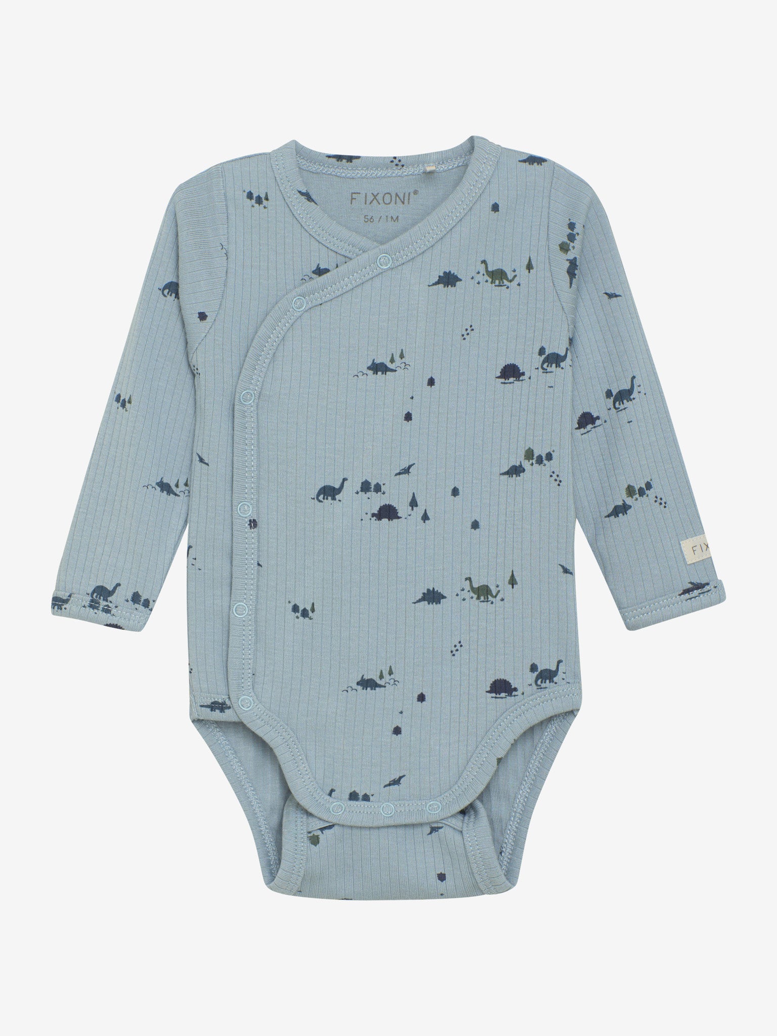 Der blaue Wickelbody aus Rippstrick von Fixoni ist mit feinen Dinosaurier-Motiven versehen und bietet eine hochwertige, bequeme Passform.