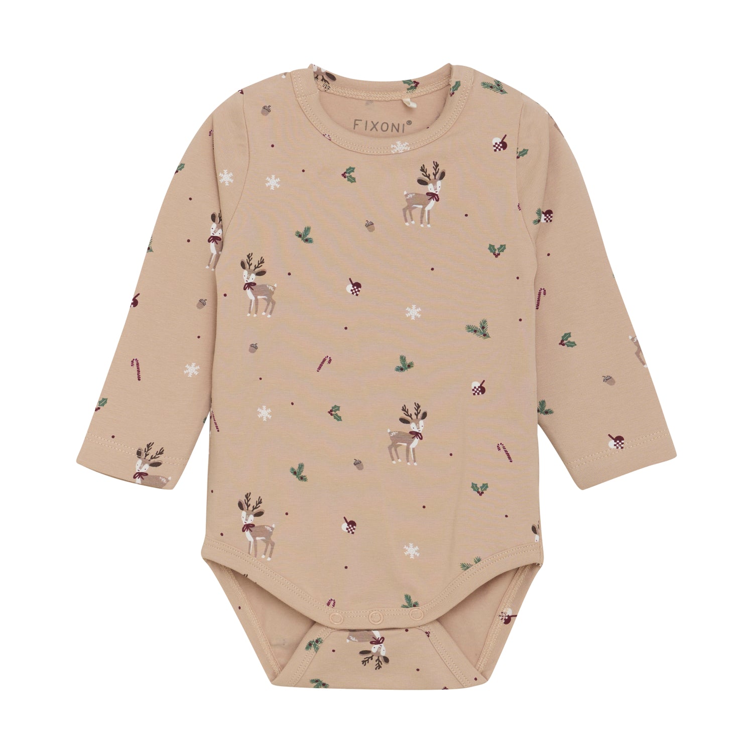 Dieser beige Langarm-Body von Fixoni überzeugt mit dezenten Weihnachtsmotiven und sorgt für festliche Stimmung bei Ihrem Baby.